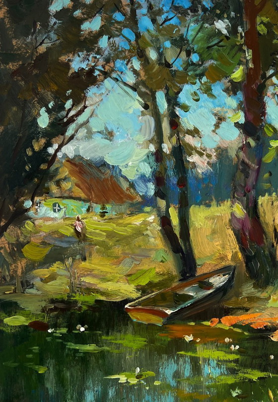 Image 1 of Original Oil Painting Summer Lake Landscape Fisherman's boat