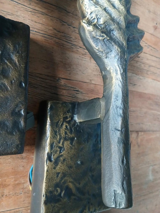 Image 1 of Rari e unici 2 o 4 applique da parete in bronzo con motivo a foglia di pianta di Lucien Gau, modello Folio