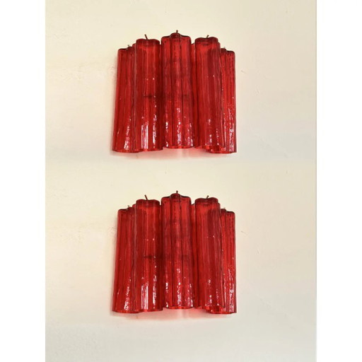 Ensemble de deux appliques murales contemporaines en verre de Murano rouge « Tronchi » de style Venini