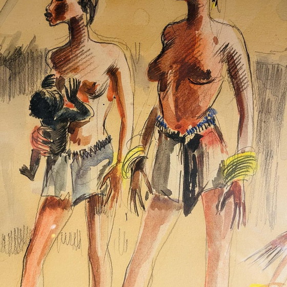 Paul Daxhelet, Femmes Primipares d'Afrique Centrale, années 1950, Techniques Mixtes sur Papier (photo 5 of 9)