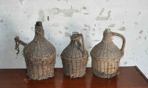 Botellas de Vino Vintage de Mimbre, Set de 3