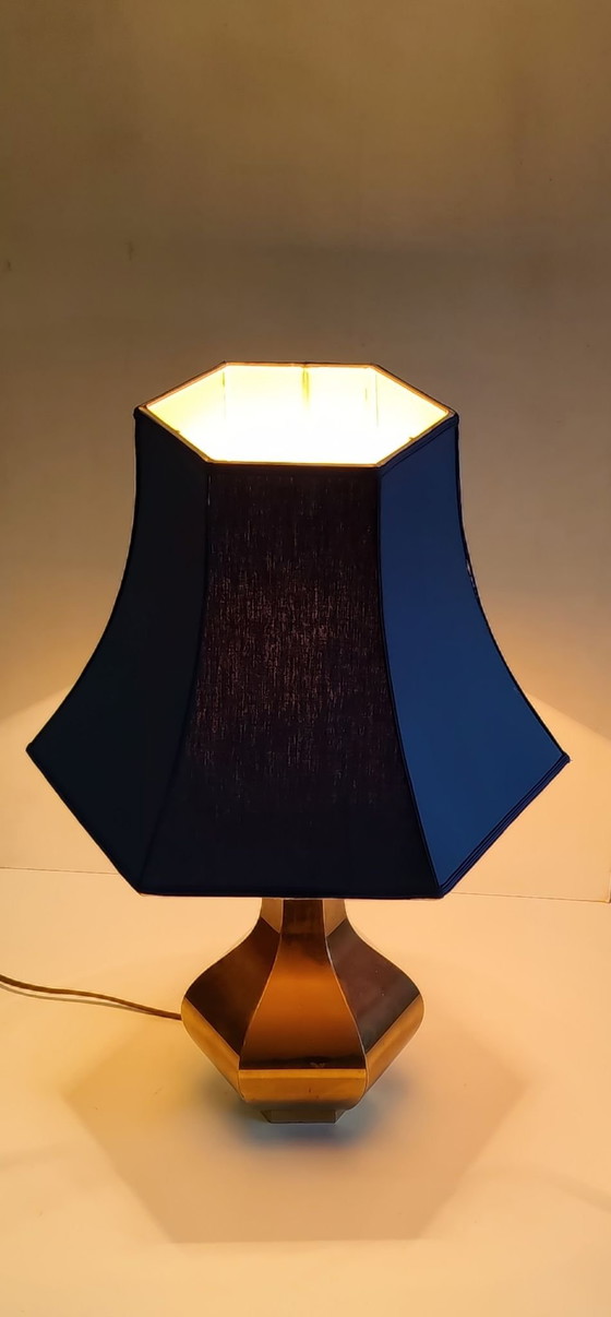 Lampada da tavolo di design anni '70 in ottone dorato e tessuto blu, Lampade da tavolo (foto 5 di 8)