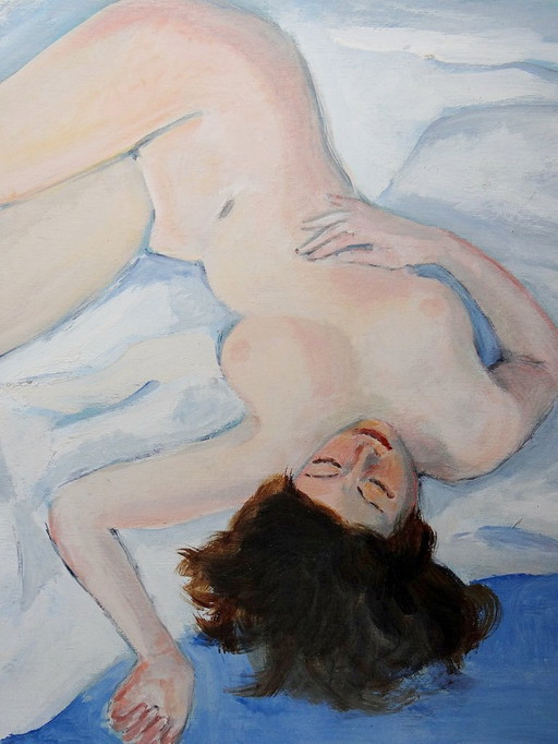 Nude Painting Sleeping Woman, Modern Oil Vintage Panel