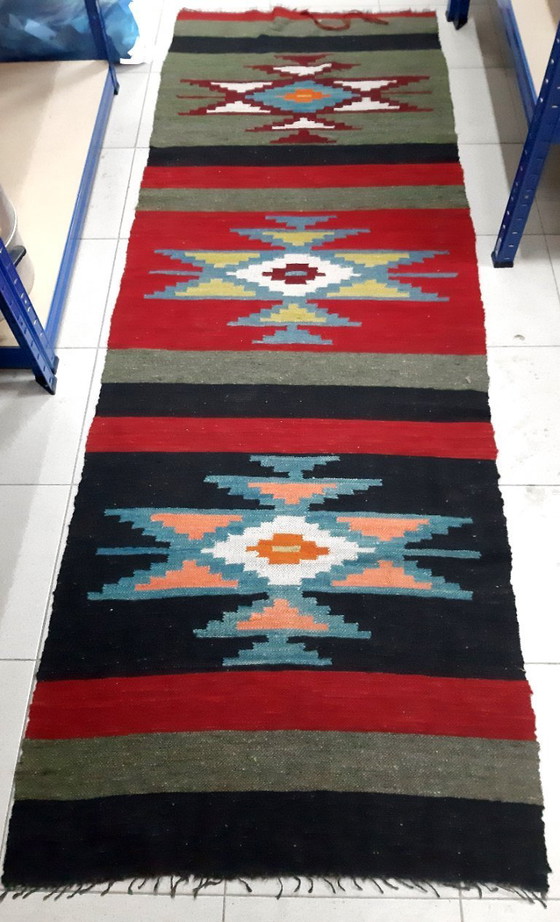 Image 1 of Kilim balcánico antiguo, alfombra de pasillo, tejido de lana