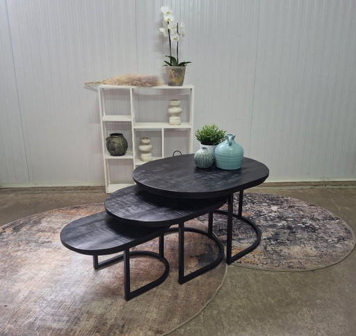 Stoere salontafelset ovaal van mangohout en metaal, nieuw