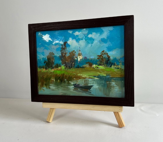 Image 1 of Original Oil Painting Summer Church Landscape A lonely boat among the reeds