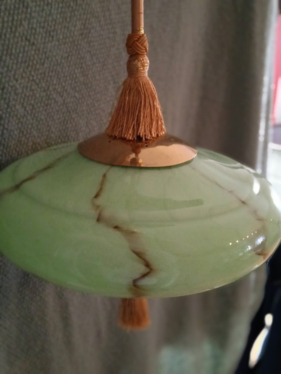 Image 1 of Duitsland 1930. Prachtige vintage Art Deco plafondlamp met groen opaalglas.