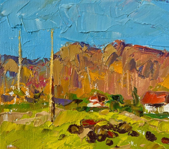 Image 1 of Origineel olieverfschilderij: Zomerlandschap, zonnige dag buiten het dorp