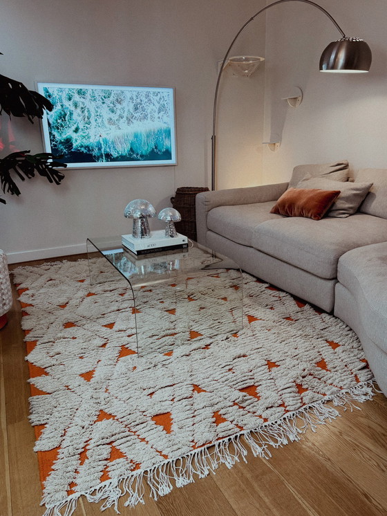 Image 1 of Handwoven Orange Cream Wool Rug With Checkered Pattern - 100% Natural Wool From Tunisia