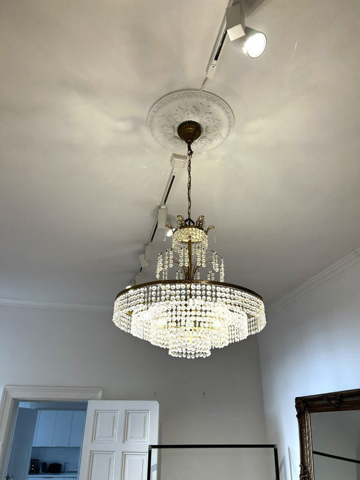 Antique 9-light crystal chandelier, France, brass, lead crystal – kroonluchters, Glass