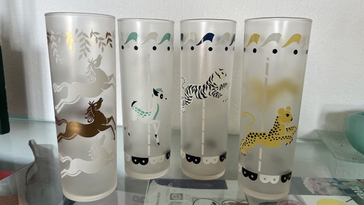 Set of 4 Vintage Libbey Frosted Carousel / Cavalcade Collins Glasses – Mid-Century Modern, 1950s USA 