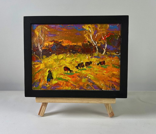 Original Oil Painting Evening Field Landscape Autumn and the last singing of birds