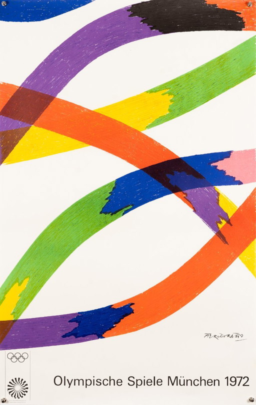 Olympia 1972 – Affiche Olympique Originale Vintage Lithographie par Piero Dorazio – Mid-Century Modern – 102x64 cm