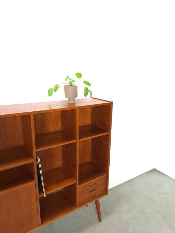Image 1 of Danish teak wide LP cabinet with shelves, drawers and bar with mirror
