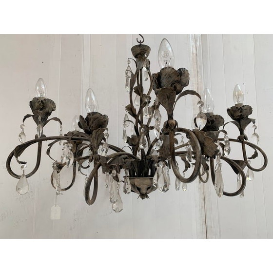 Image 1 of Florentine Art Lustre en fer forgé à 10 lumières en métal brossé brun et or, fait à la main, fabriqué en Italie