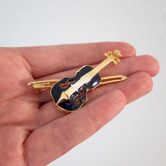 Image 1 of Broche violon vintage : émail bleu marine et métal doré