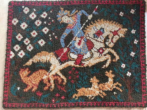 Image 1 of Tappeto francese vintage in lana / opera tessile artistica con cavaliere e cavalli – Phildar, circa 1970