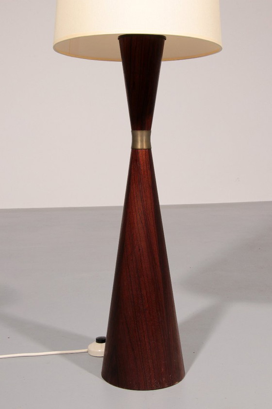 Image 1 of Lampada da terra vintage in teak con paralume in tessuto di Parker Knoll, 1960