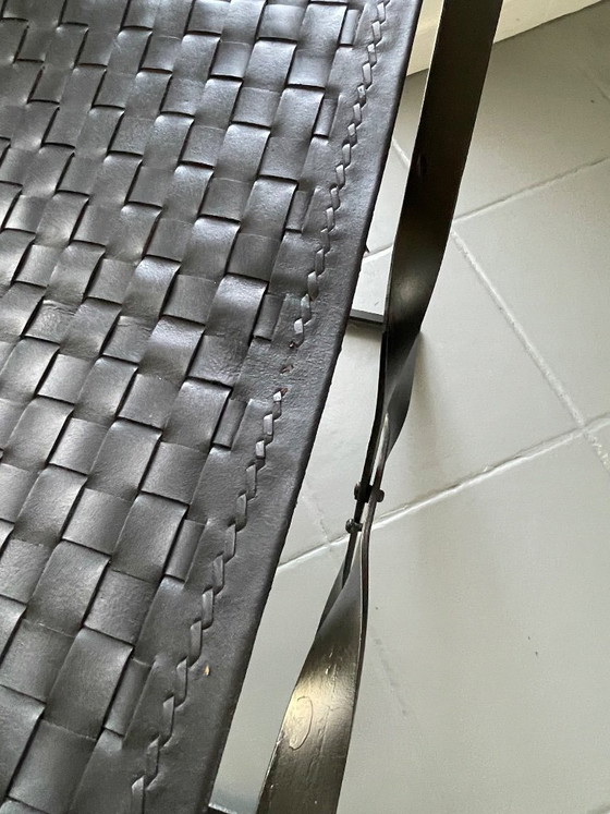 Image 1 of Tabouret haut pliant / taburette en métal et cuir tressé