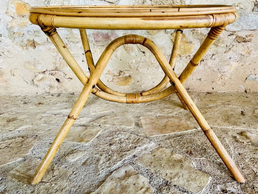 Vintage Rattan and Bamboo Coffee Table with Glass Top, 1960s