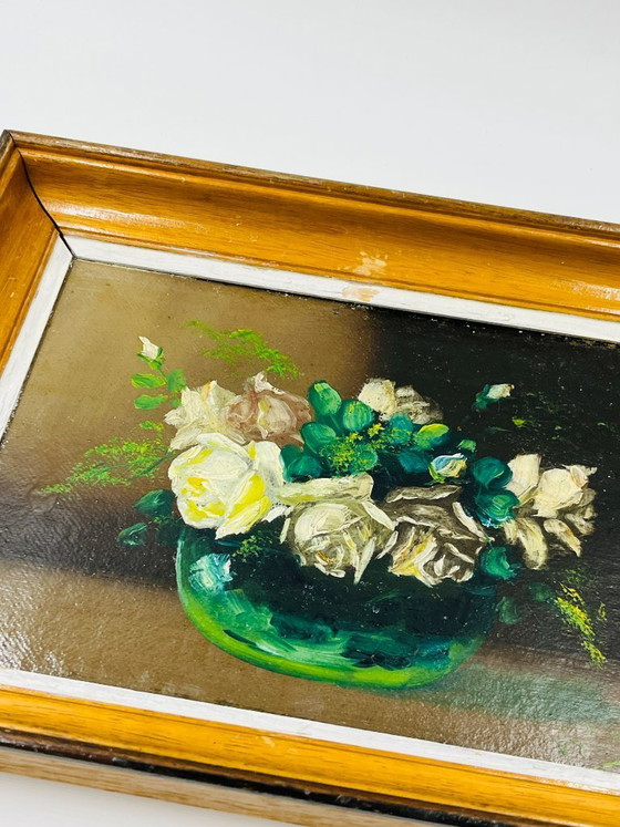 Image 1 of Paire de petites huiles florales vintage encadrées