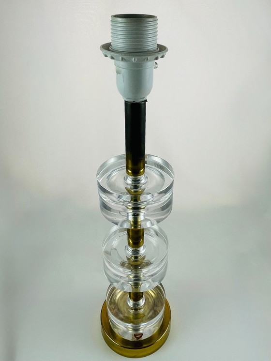 Image 1 of Carl Fagerlund for Orrefors – 6-Ring Crystal & Brass Table Lamp – Swedish Mid-Century Lighting