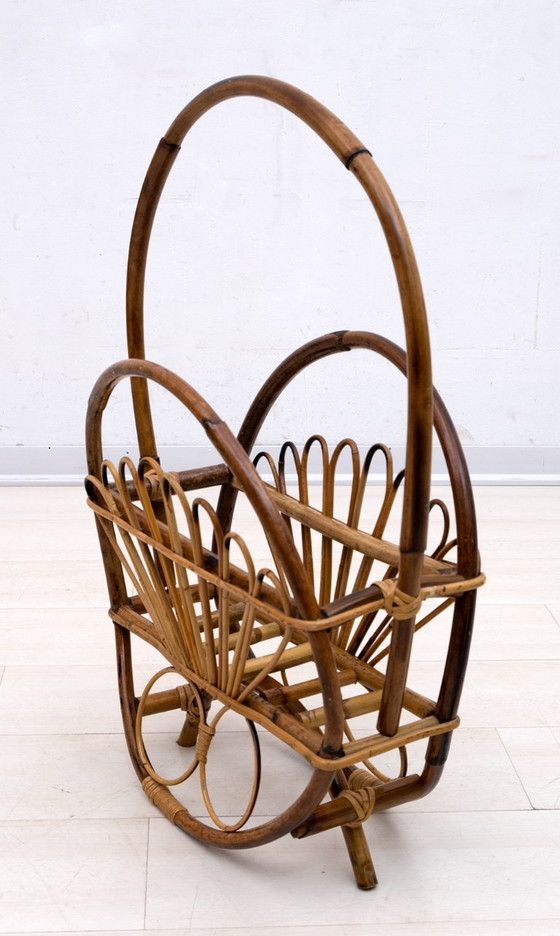 Image 1 of Mid-Century Modern Italian Rattan Bamboo Magazine Rack Stand, 1960s