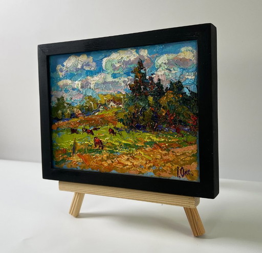 Original Oil Painting Rural Life Landscape A Warm Summer Day