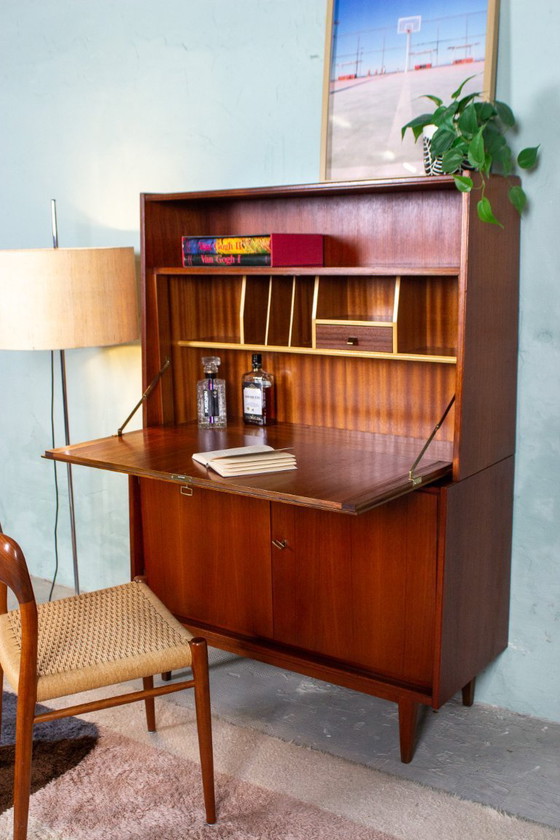 Image 1 of Vintage teakhouten secretaire, hoge kast, dressoir, dressoir, midden 20e eeuw