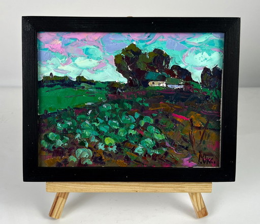 Original Oil Painting Rural Landscape Vegetable Garden in Front of the House