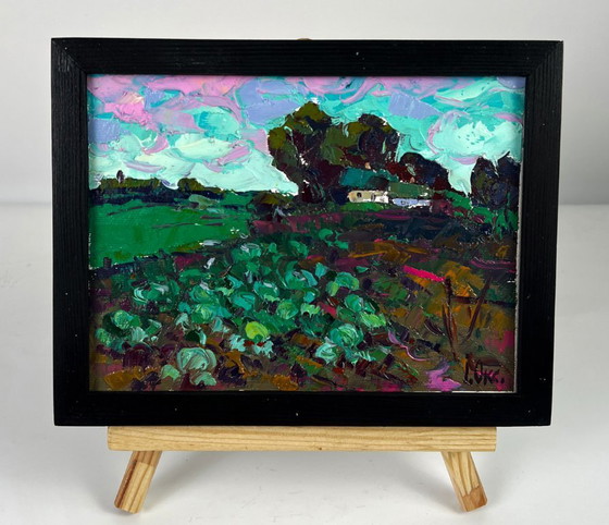 Image 1 of Original Oil Painting Rural Landscape Vegetable Garden in Front of the House