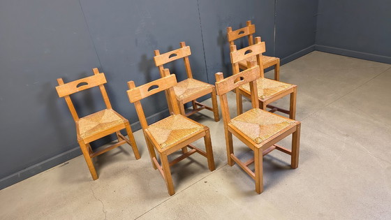 Image 1 of Vintage oak and wicker brutalist chairs, 1960s - set of 6