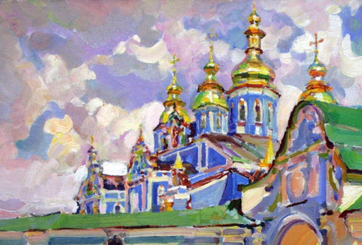 Original Oil Painting Landscape Temple Architecture Near the Gates of the Cathedral – schilderijen tekeningen (photo 2 of 5)