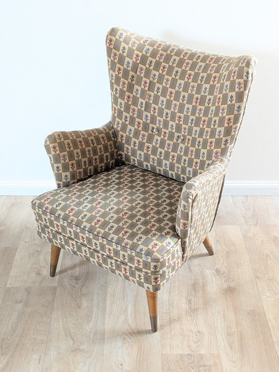 Vintage 1950s Belgian Wingback Armchair – Original Graphic Upholstery & Compass Legs – Brass, Wood (photo 4 of 12)