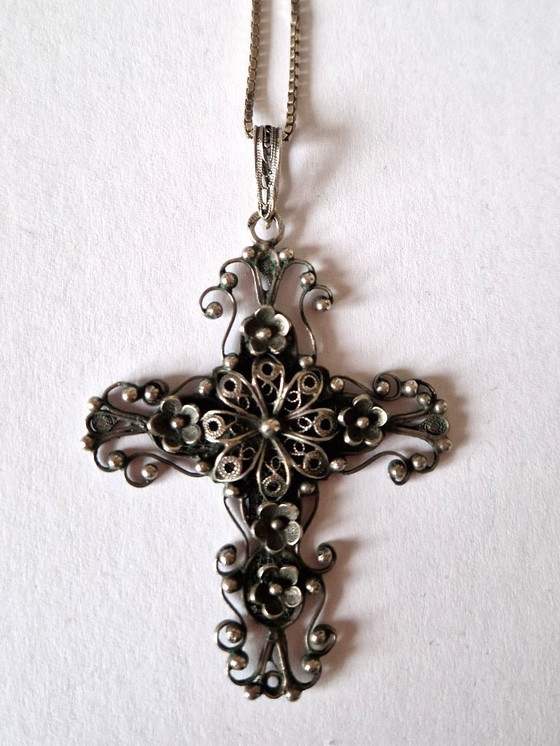 Image 1 of Large antique silver filigree cross with necklace - 20s