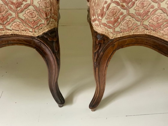 Image 1 of Paar Antieke Louis XV fauteuils met fluwelen stof
