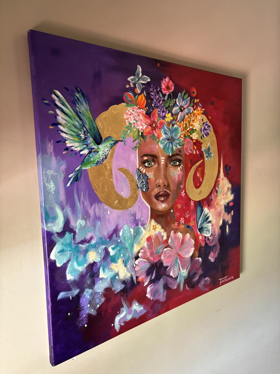 Image 1 of Original mixed media painting on canvas 80x80 – “Feiticeira” (signed) – colorful portrait with flowers & hummingbird