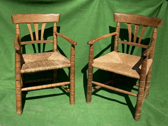 Image 1 of Chaises d'appoint allemandes tournées au fuseau avec sièges en jonc