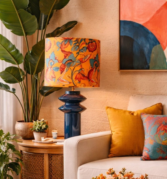 Image 1 of Lampe de table Paris - motif floral orange et bleu