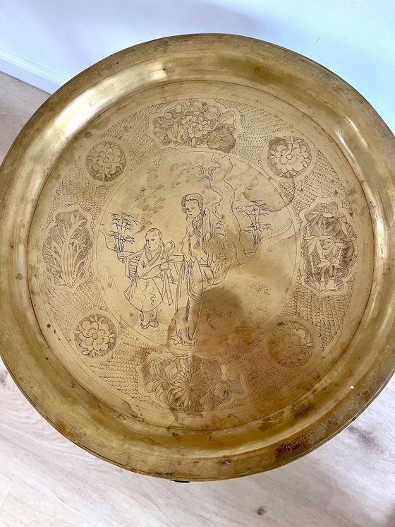 Image 1 of Table à thé asiatique ancienne avec bols en bronze