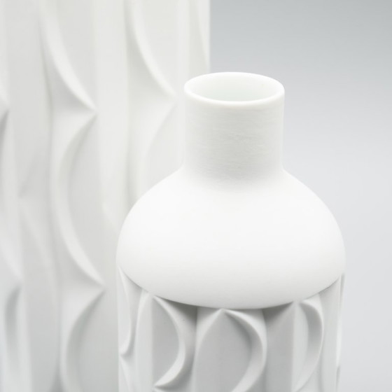 Image 1 of Retro Scherzer Werner Uhl Design Bisque Porcelain Bottle Vase Op-Art Relief DUO