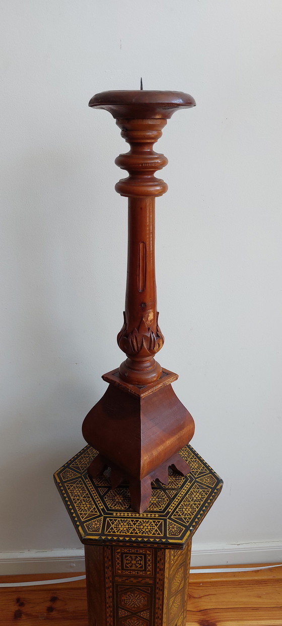 Image 1 of Large Candlestick - Wood - Hand Carved Asia - - 1950-1960