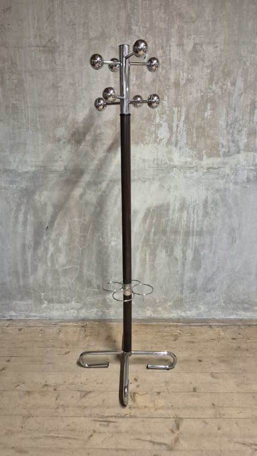 Perchero Vintage con Paraguero, Metal Cromado y Madera, Mediados del Siglo XX, 42 x 175 cm – kapstokken (photo 2 of 8)