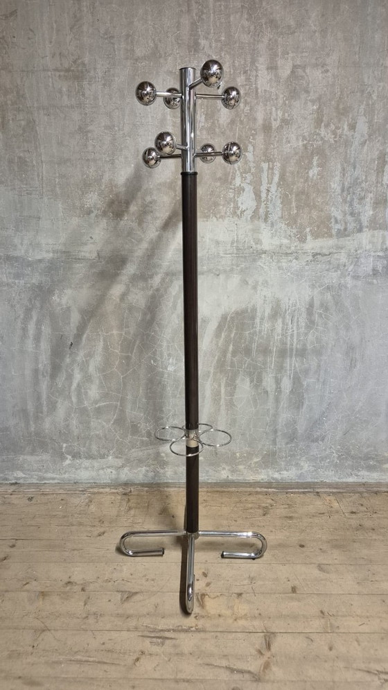 Vintage Coat Rack with Umbrella Stand, Chrome-Plated Metal and Wood, Mid-20th Century, 42 x 175 cm (photo 2 of 8)