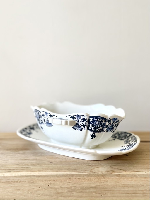 Vintage Gien France Gravy Boat with Stand Blue White Faience - French Mid-Century Pottery Collectible Tableware