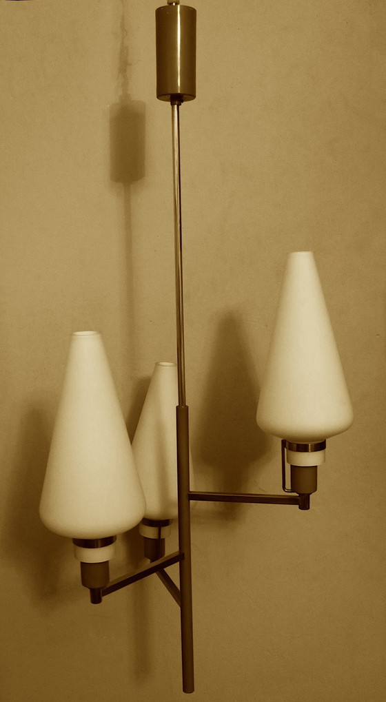 Image 1 of Petit lustre italien en laiton et verre, période Stilnovo 1950