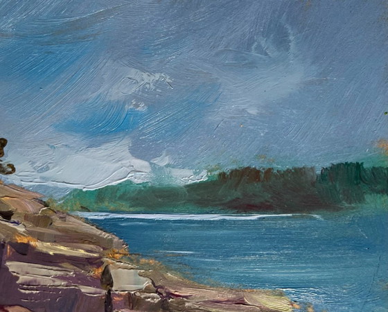 Image 1 of Peinture à l'huile originale, paysage rocheux d'été, journée nuageuse en mer