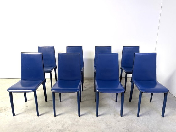 Blue Leather Dining Chairs by Fasem, 1980s - Set of 8 (photo 13 of 13)