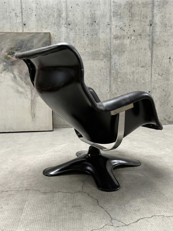 Image 1 of YRJÖ KUKKAPURO FOR HAIMI “KARUSELLI” SEDIA GIREVOLE PELLE NERA, FINLANDIA ANNI '60