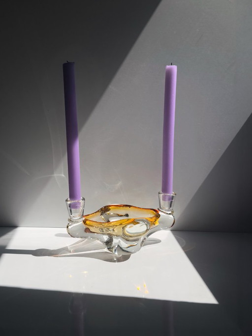 Cendrier vintage en verre avec 2 porte-bougies, ambré et transparent, Italie années 1970 – schalen, Glass